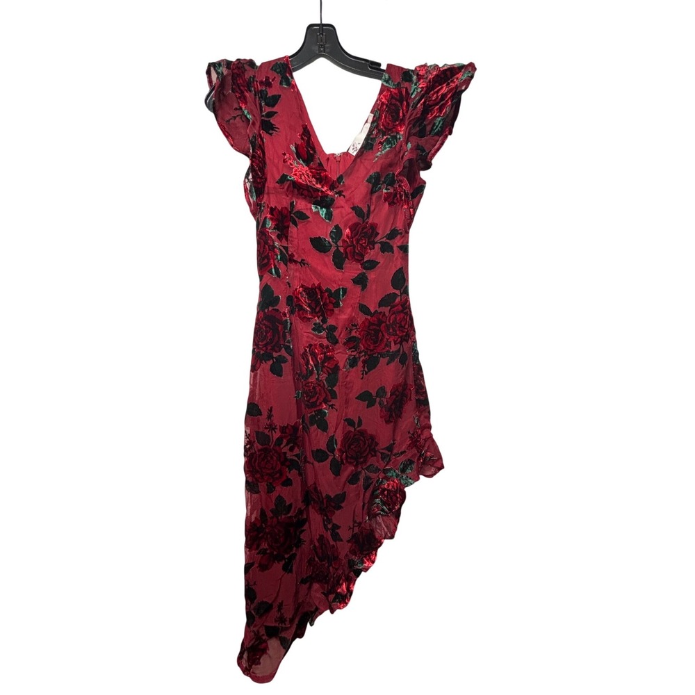 A Collections NWOT Red Velvet Rose Asymmetrical‎ Hem Ruffle Sleeve Dress Size 0